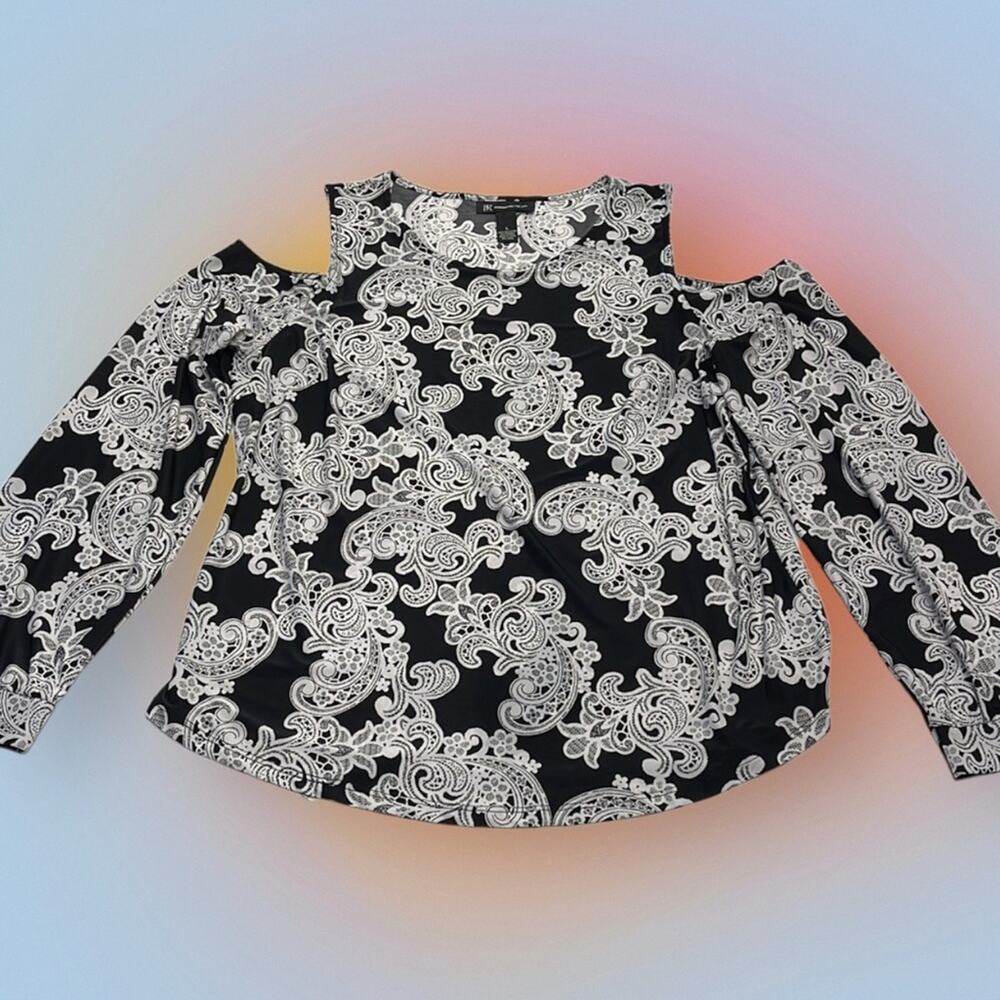 INC Women’s Large Black White Paisley Cold Shoulder Blouse